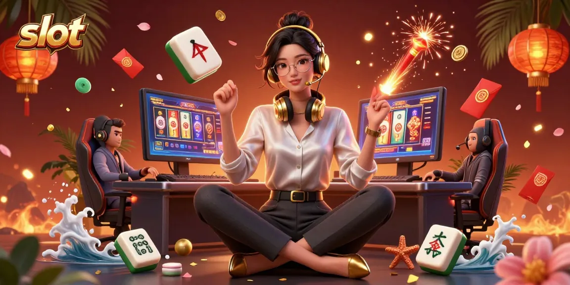 Spin the slot reels with an elegant Asian woman at a vibrant casino gaming setup.