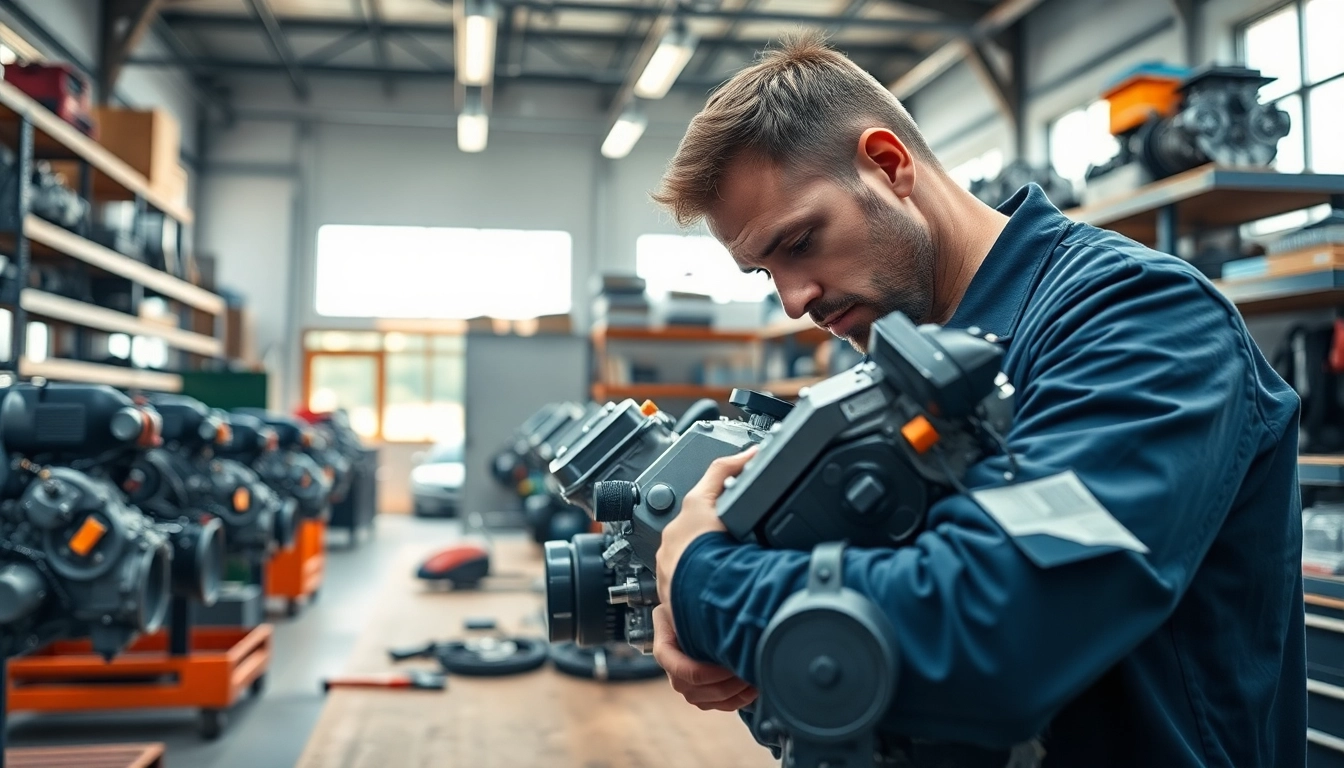 Inspecting various used engines in an organized workshop environment.