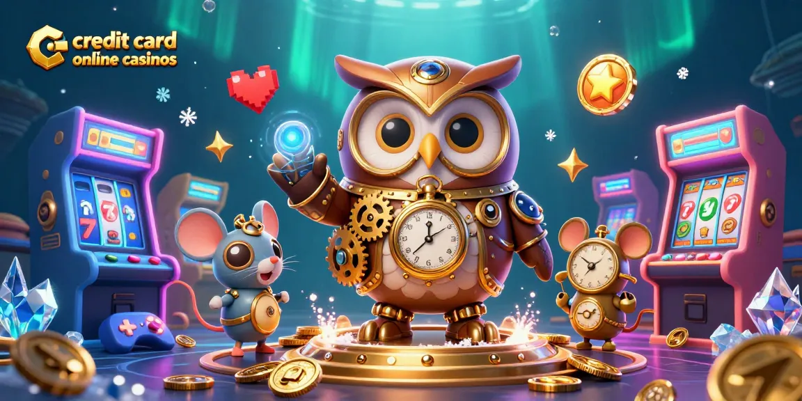 Engage with credit card online casinos through a vibrant 3D scene featuring time-traveling characters.