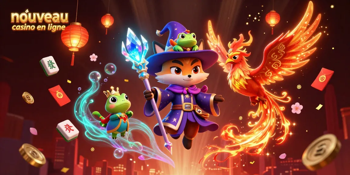 Découvrez les caractéristiques du nouveau casino en ligne avec une illustration animée riche en éléments de jeu.