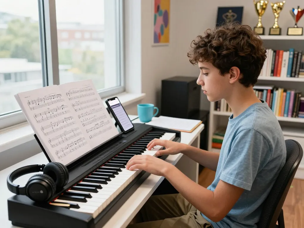 Practicing on a digital piano with 88 keys in a bright learning space, showcasing go 88 features.