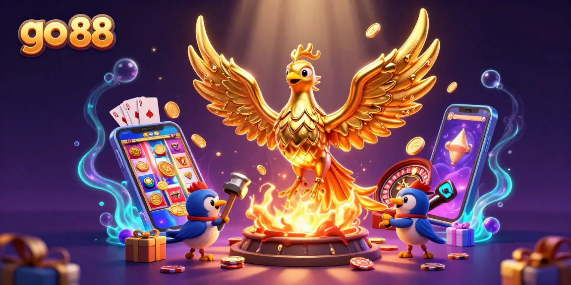 Experience the excitement of go 88 with a golden phoenix emerging from a molten forge in a vibrant casino scene.