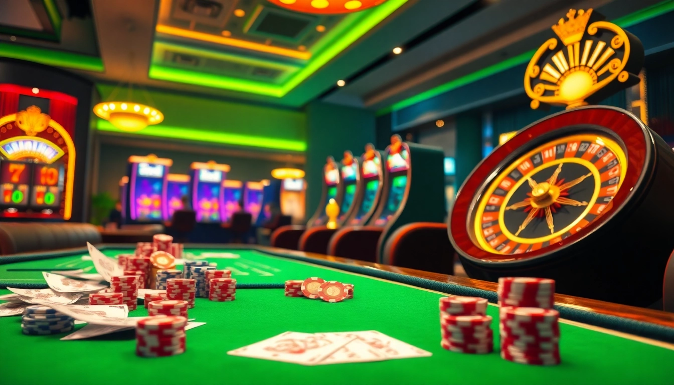 Experience the excitement of nhà cái luck8 with vibrant casino tables and colorful gaming elements.
