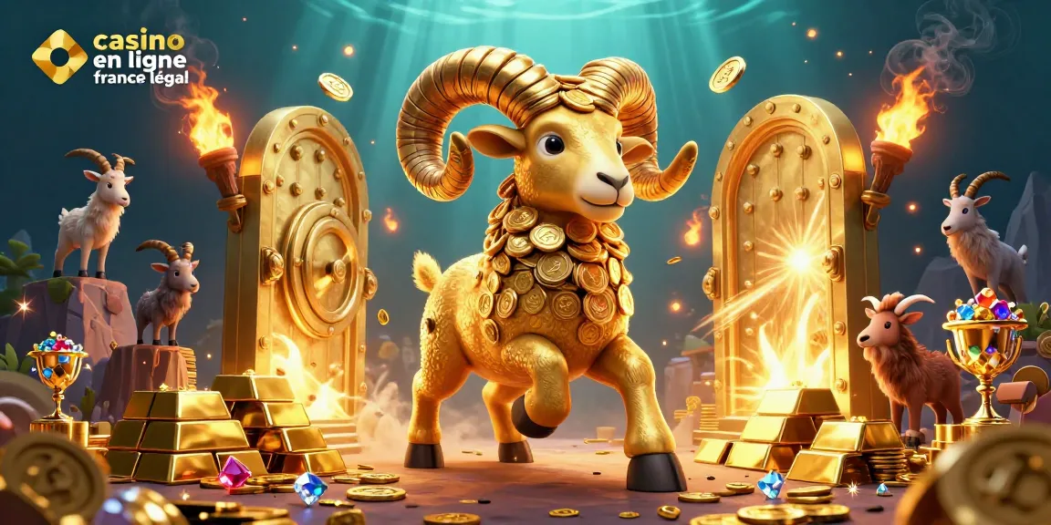Illustration vibrant de ram doré avec des pièces de monnaie représentant un casino en ligne France légal.