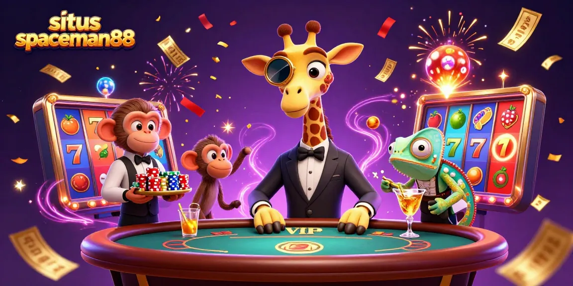 Engage in thrilling gameplay at situs spaceman88 with a high-roller giraffe, monkey valet, and festive casino elements.