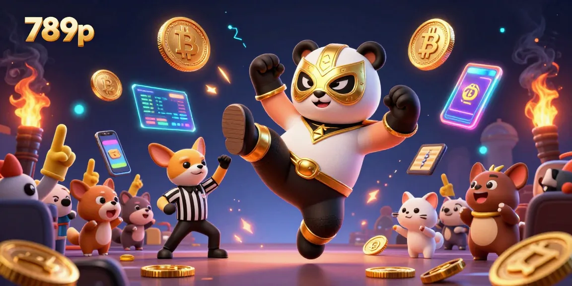 Experience the thrill of 789p gaming with a panda wrestler kicking into action amidst crypto coins.