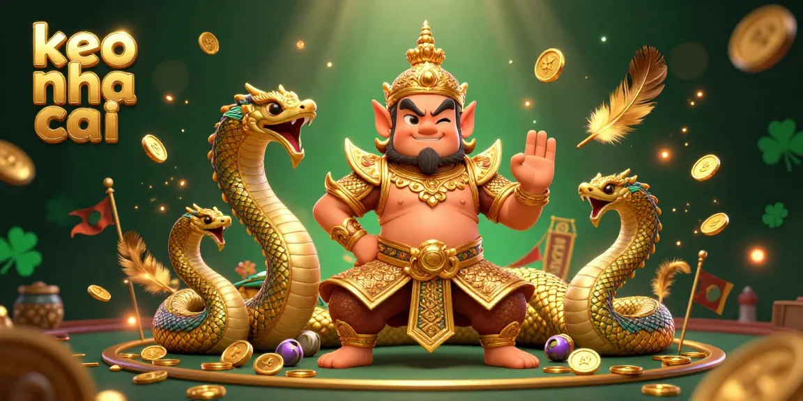 Engage with the keo nha cai scene, featuring a guardian and Naga serpents amidst captivating casino elements.