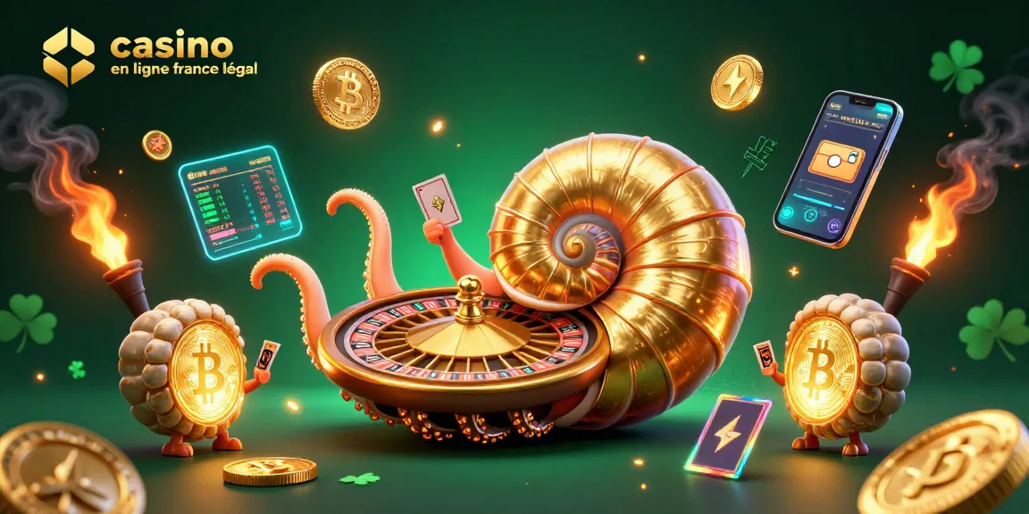 Célébrez les gains dans un casino en ligne France légal avec un nautilus doré, des pièces de crypto et des cartes de jeu.
