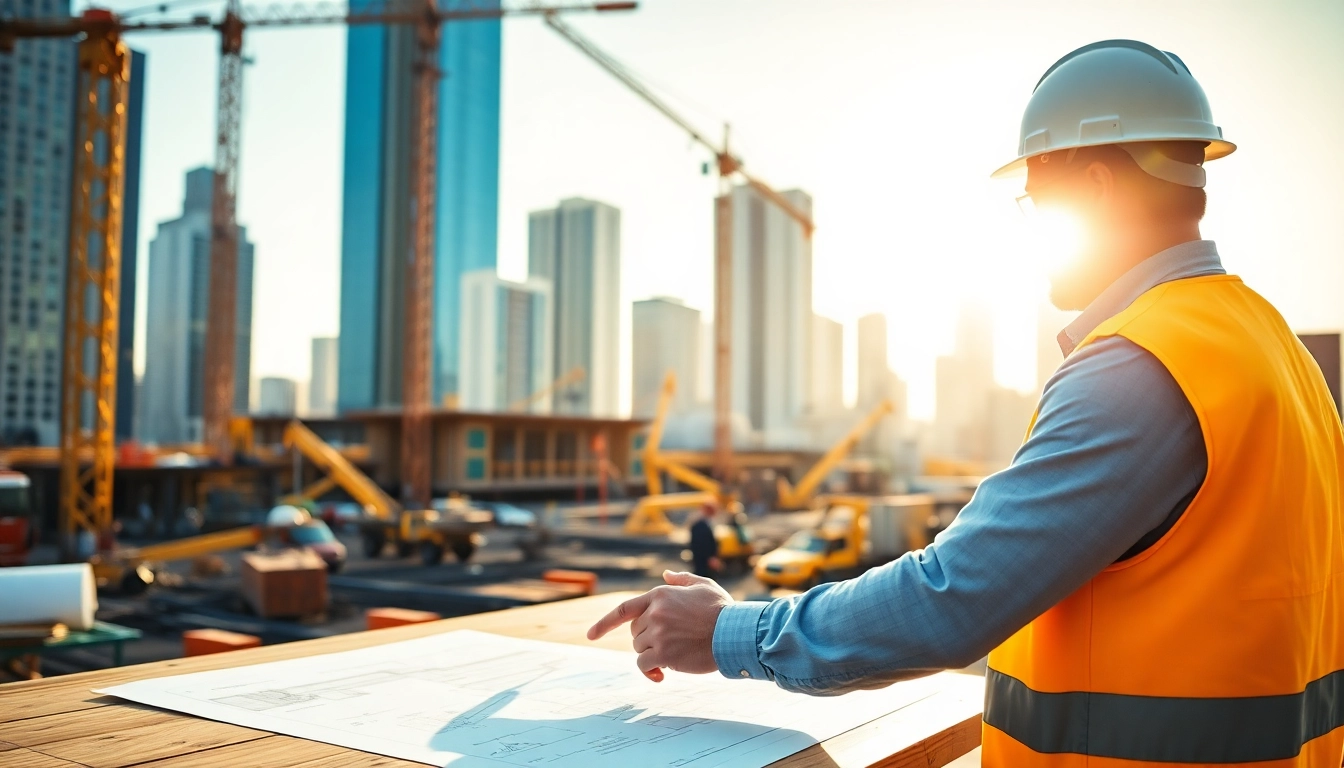 New York City General Contractor examining plans at a vibrant construction site.