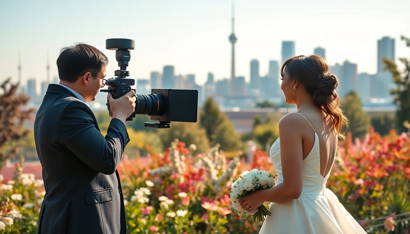 Capture of on-location videography toronto at a romantic wedding in a vibrant garden.