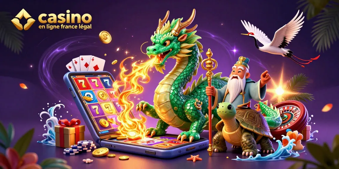 Illustration captivante de casino en ligne légal en France avec un dragon émeraude, une tortue sage et des grues porte-bonheur.
