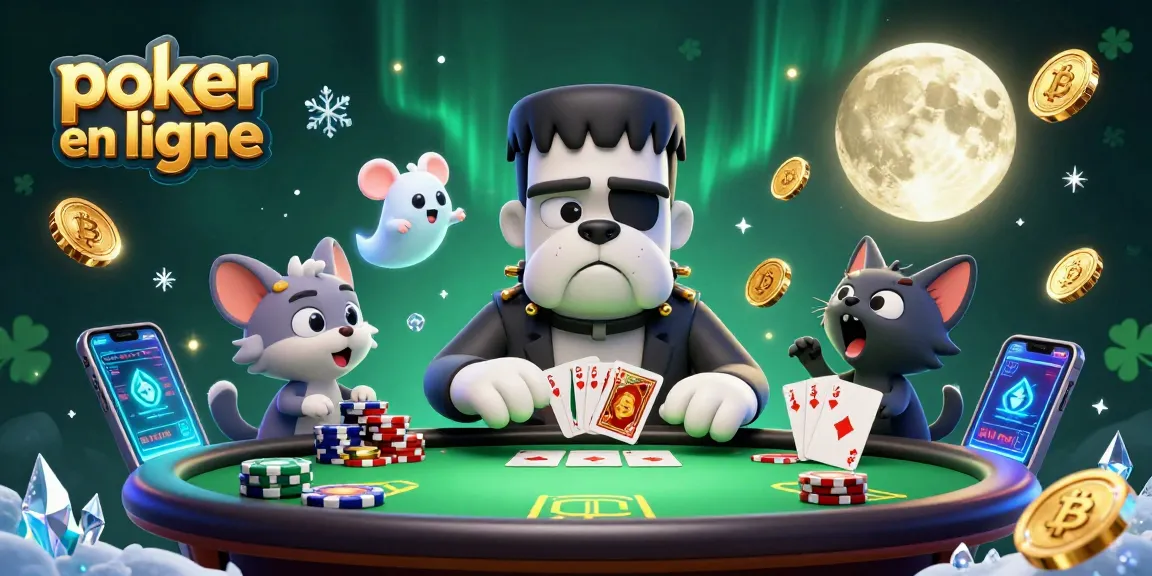 Jouer au poker en ligne avec un bulldog Frankenstein et une ambiance spooky autour des jetons et cartes.