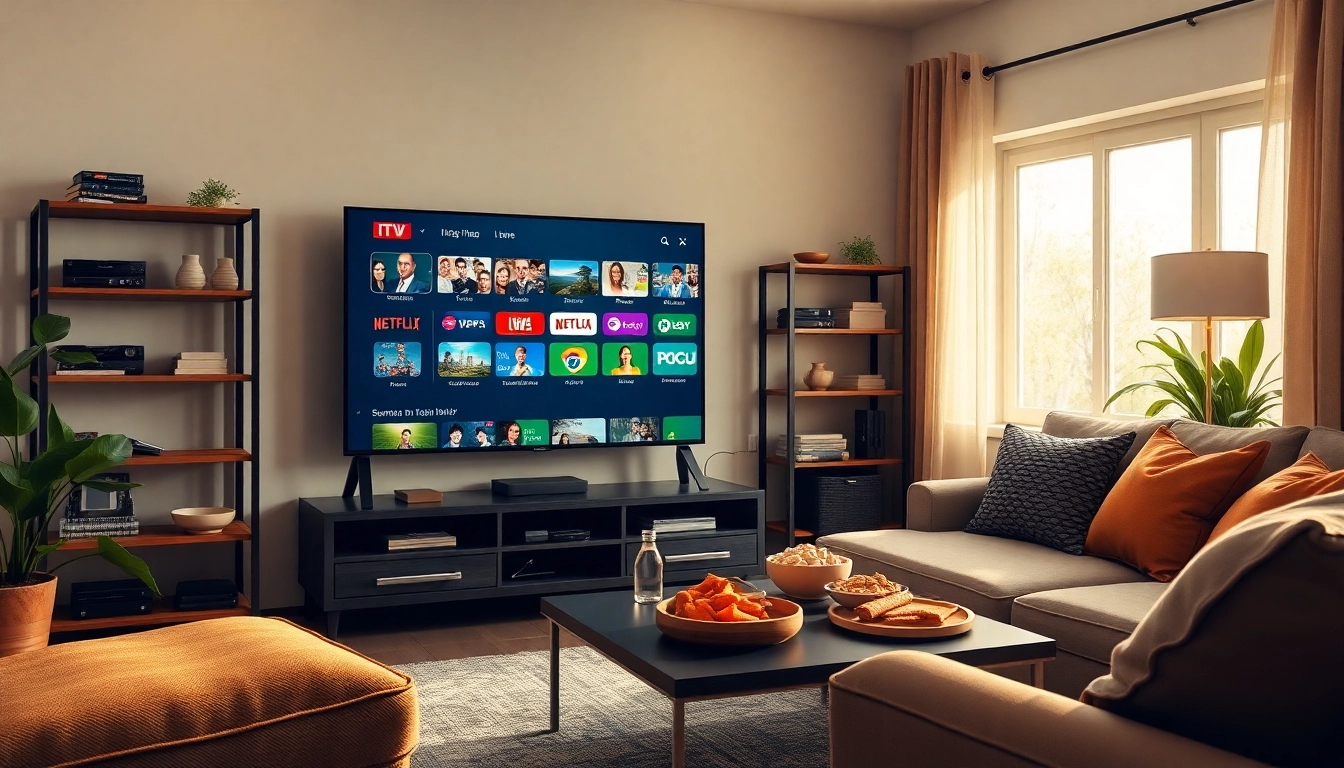 Enjoy iptv streams on a cozy couch in a modern living room.