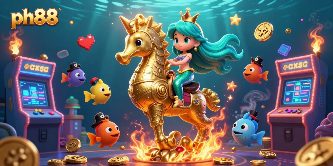 Immerse yourself in ph88's vibrant gaming experience with a cartoon mermaid and seahorse in an underwater casino scene.