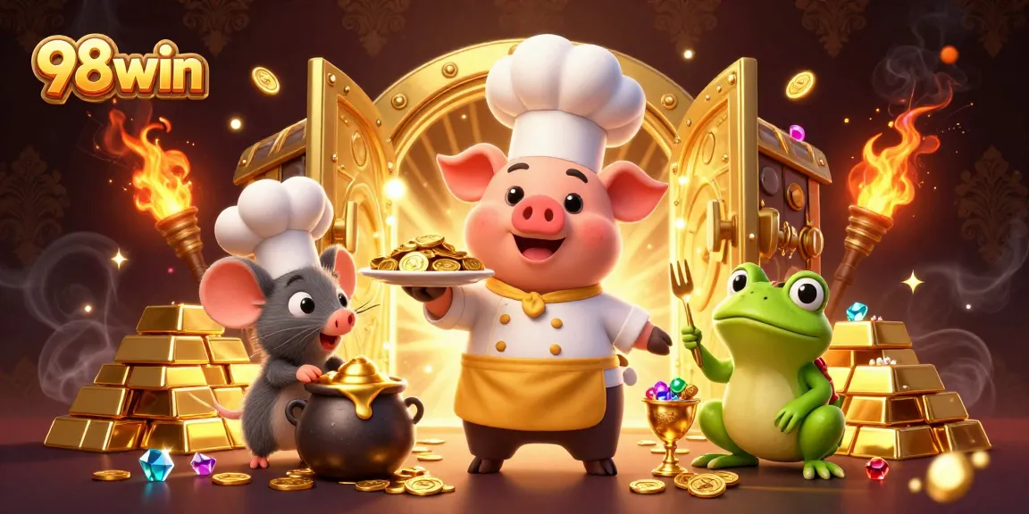 Engage in thrilling gameplay with 98win's vibrant casino scene of gold coins and joyful characters.