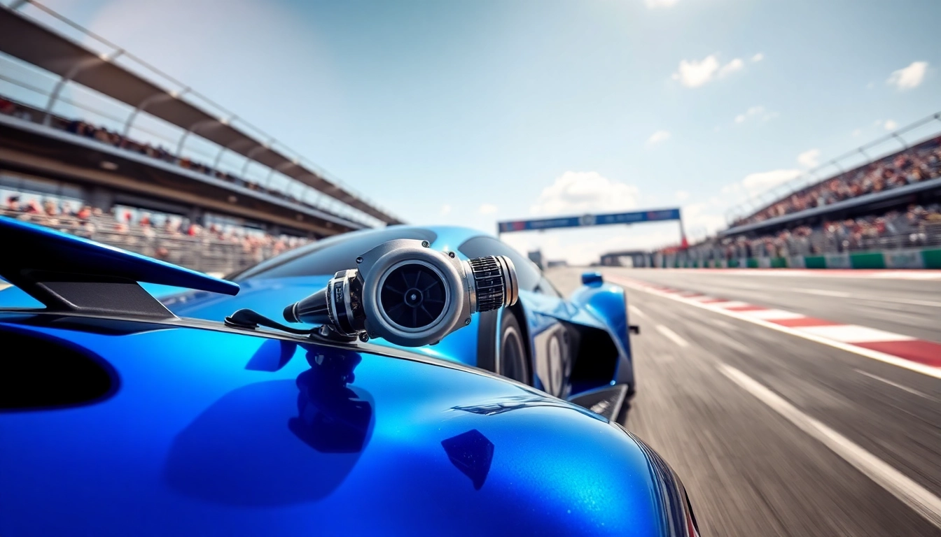 Turbosmart track turbo showcased on a race car, illustrating high-performance automotive technology.