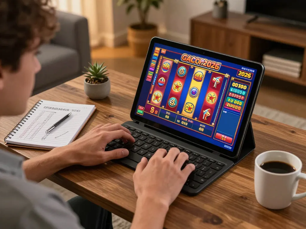 Engaging in slot gacor 2026 games at home on tablet with cozy ambiance.