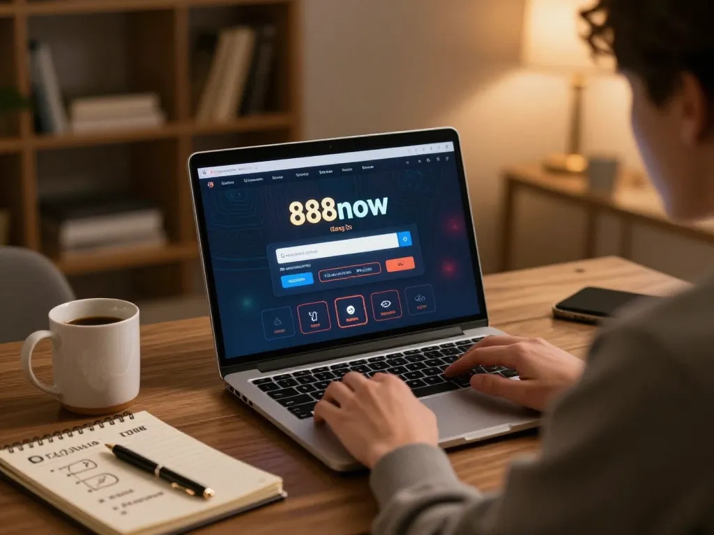 Engaging with 888now đăng nhập on a laptop at cozy home setup while grasping gambling strategies.