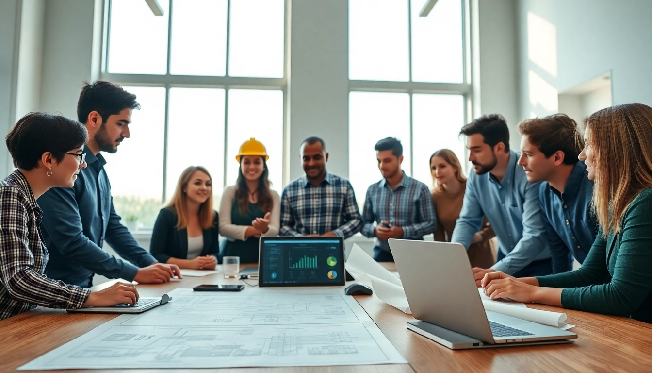 A diverse group of professionals in a construction member organization discussing blueprints in a bright conference room.