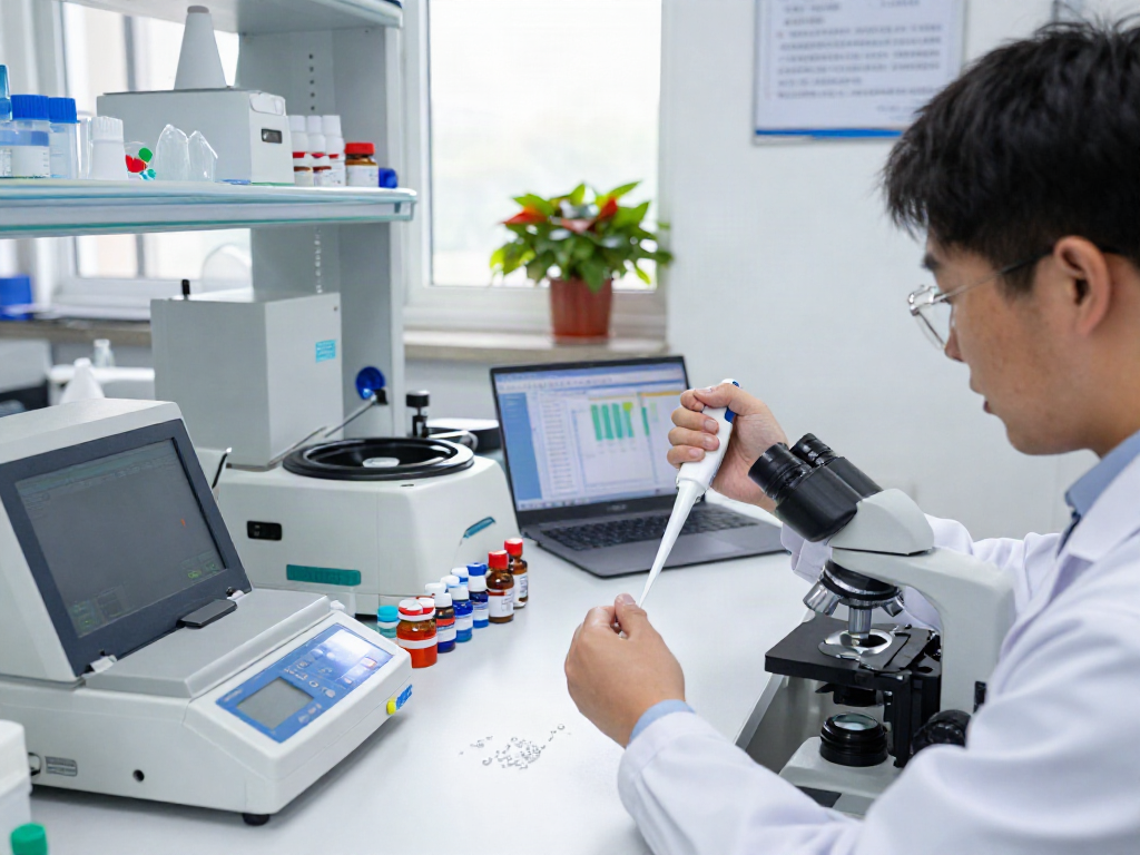 Scientist analyzing premium research peptides in a bright laboratory.