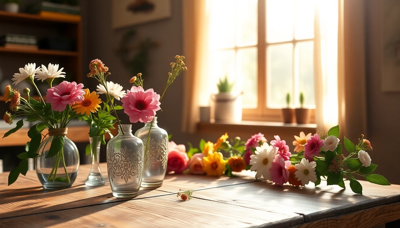 Beautifully arranged bud vases displaying colorful flowers against a rustic wooden backdrop.