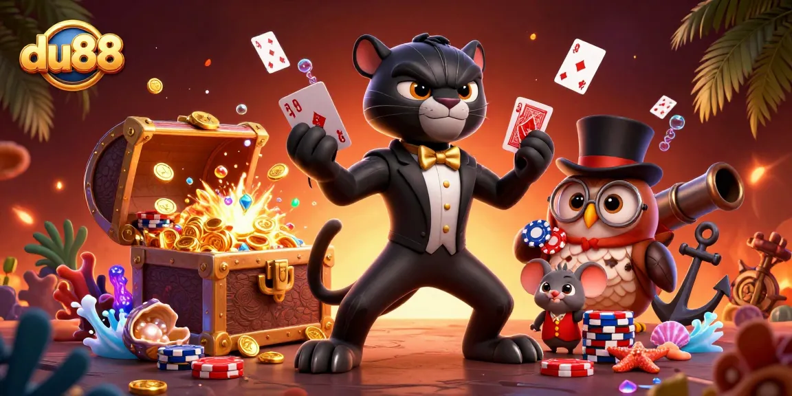 du88 showcases a stylish panther dealing cards amid vibrant casino treasures in this immersive scene.