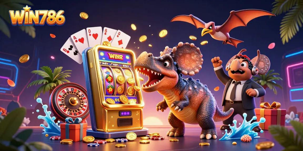 WIN786 brings excitement as dinosaur characters engage in thrilling casino action with jackpot rewards.