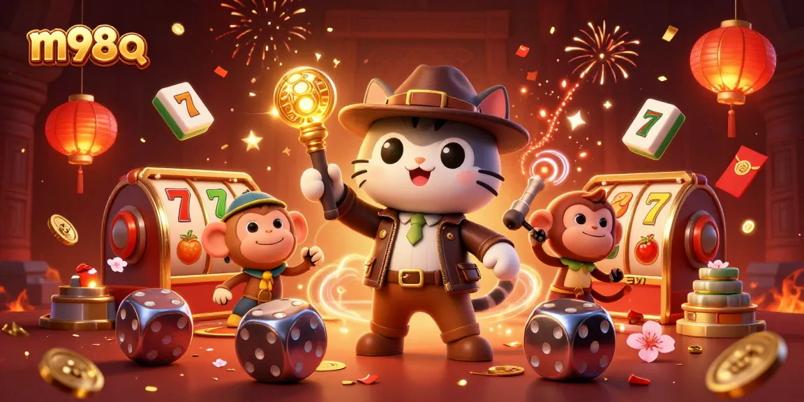Enjoy thrilling adventures with m98 q as the explorer cat uncovers casino treasures in a vibrant scene.