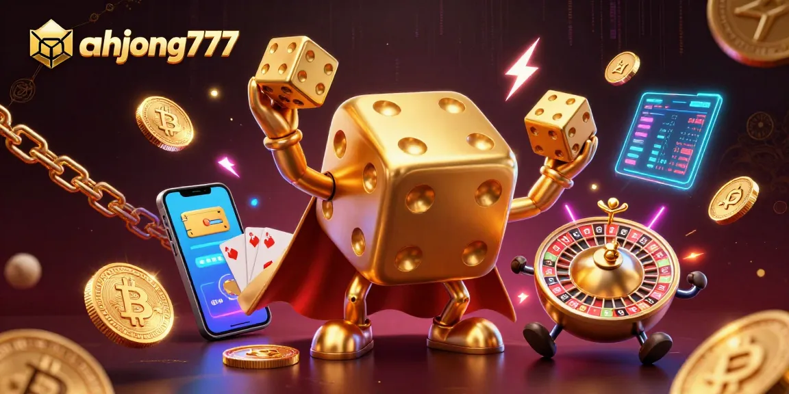 Experience mahjong777 excitement with a golden dice golem and crypto elements in a thrilling casino scene.