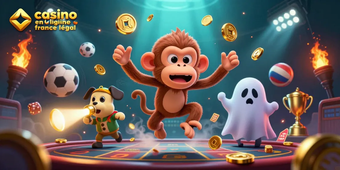 Illustration dynamique sur le thème du casino en ligne France légal, mettant en scène un singe poltergeist et un chiot chasseur de fantômes.
