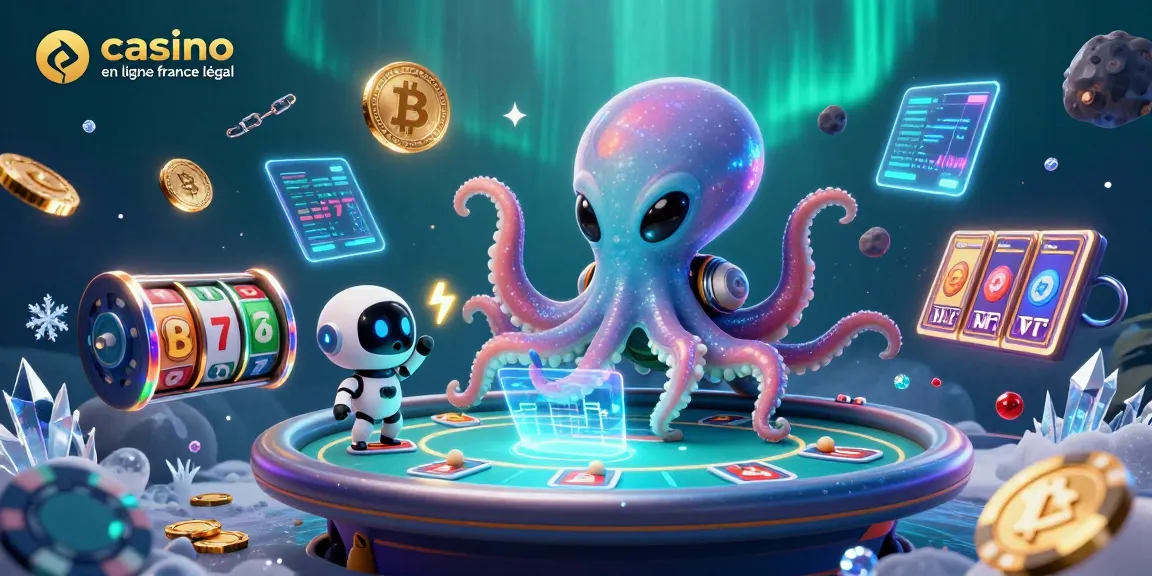 Visuel dynamique mettant en scène un octopus extraterrestre et une table de poker avec des éléments de casino en ligne légal en France.