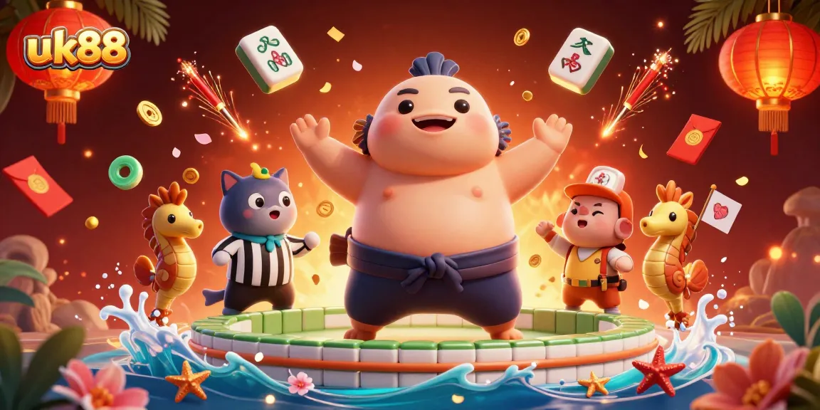 Engage in vibrant uk88 casino action with a fugu, referee, and seahorse fans in this dynamic 3D scene.