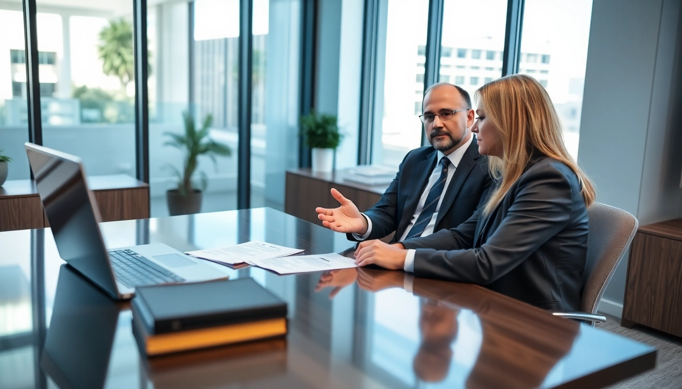 Sarasota injury lawyer consulting with a client in a modern office setting, showcasing professionalism.