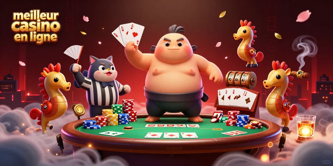 Illustration 3D dynamique du meilleur casino en ligne avec un fugu en sumo, des cartes de poker et un chat poisson arbitre.