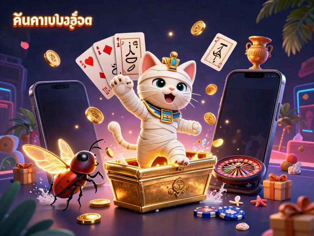 Experience the thrill of ค้นหาเกมสล็อต with the energetic mummy cat and scarab beetle in a vibrant casino scene.