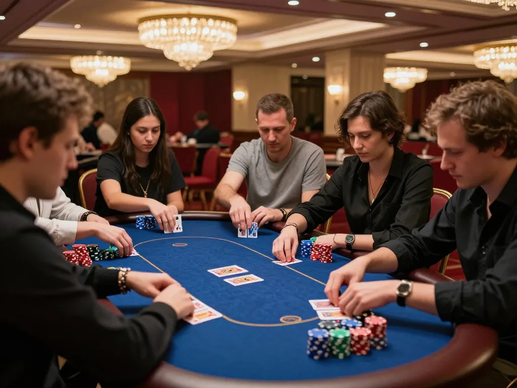 luck8 players engaging in strategic poker gameplay at an upscale casino table