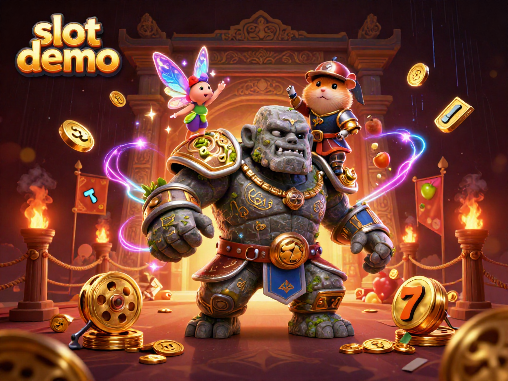 Engage in an exciting slot demo adventure with a magical golem and fairy amidst vibrant casino elements.