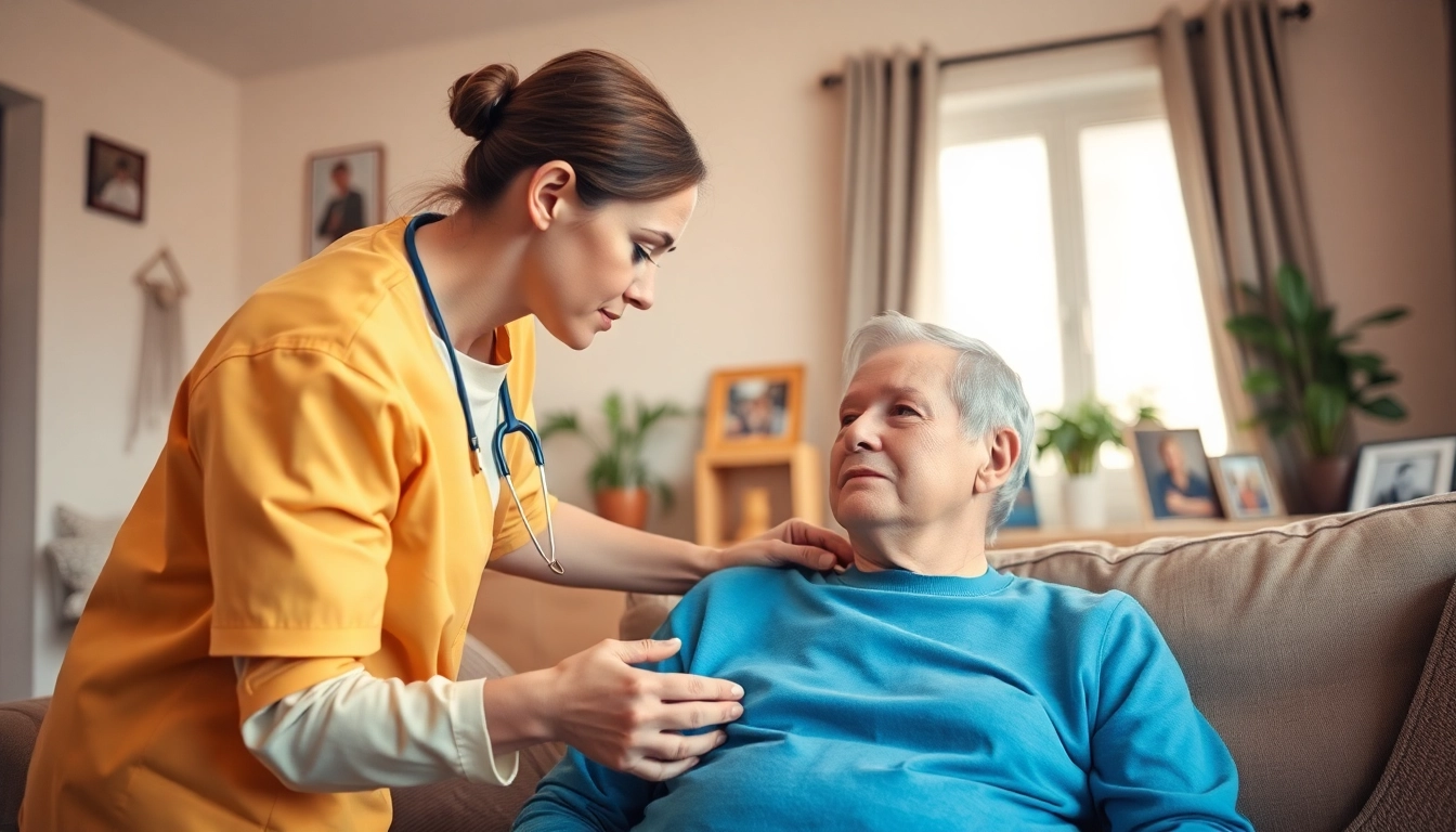 Providing care at home, a caregiver supports an elderly person in a cozy living room.