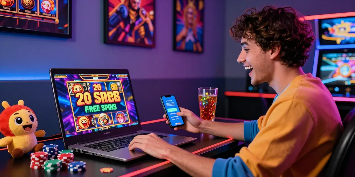 Excited player celebrating 20 free spins on registration UK in a vibrant gaming setup.