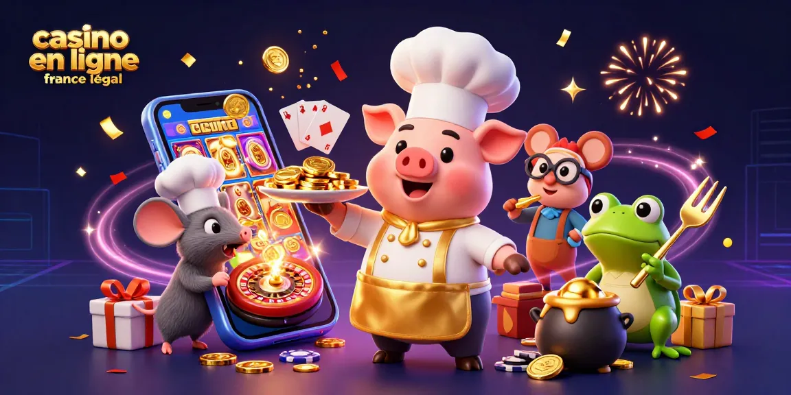 Illustration festive de casino en ligne France légal avec un chef cartoon et des éléments de jeux.