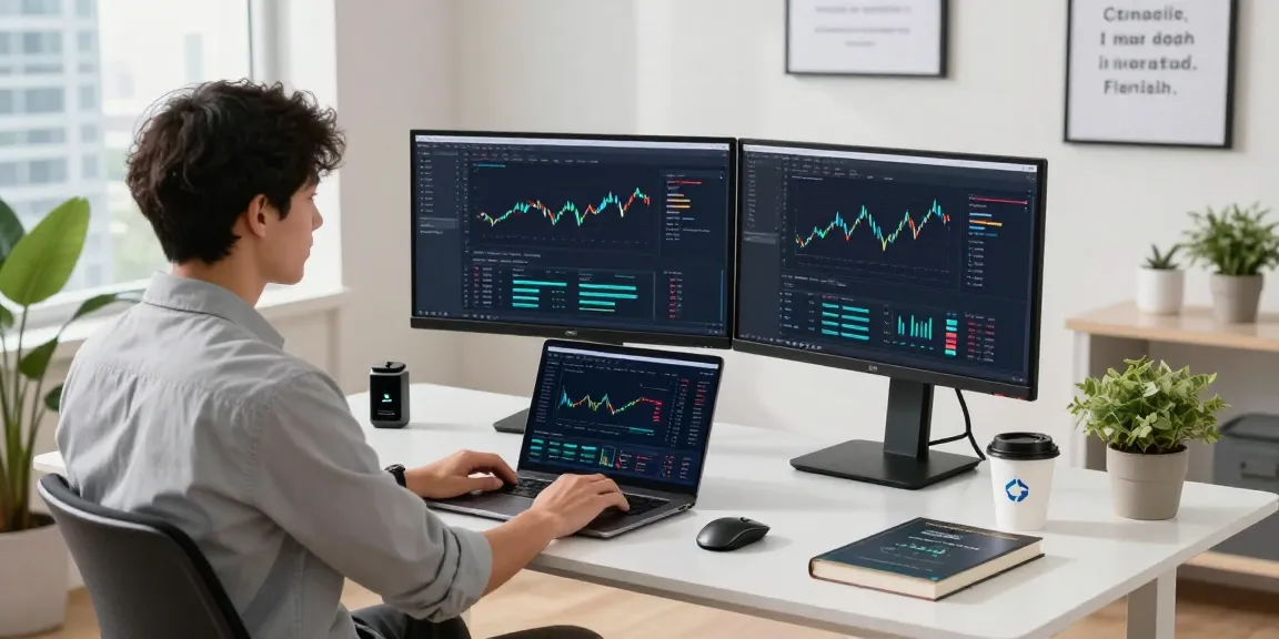 Developer coding fintech data integration service API in a modern workspace.