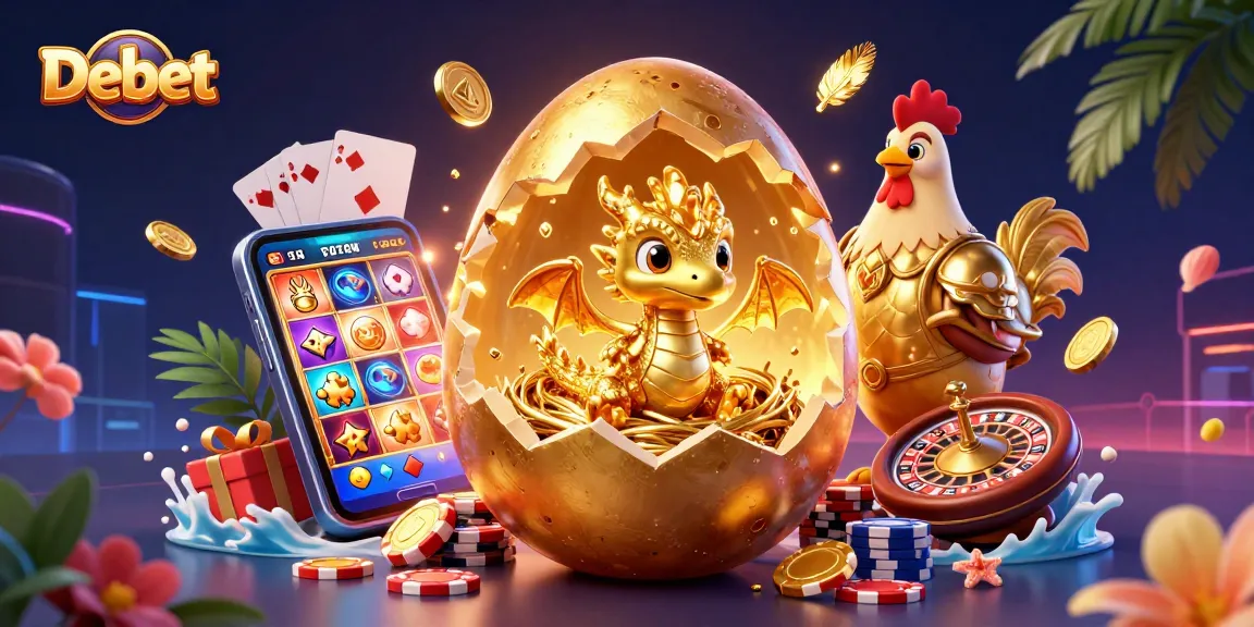 Engage with Debet through a vibrant slot game scene showcasing a golden dragon and dynamic casino elements.
