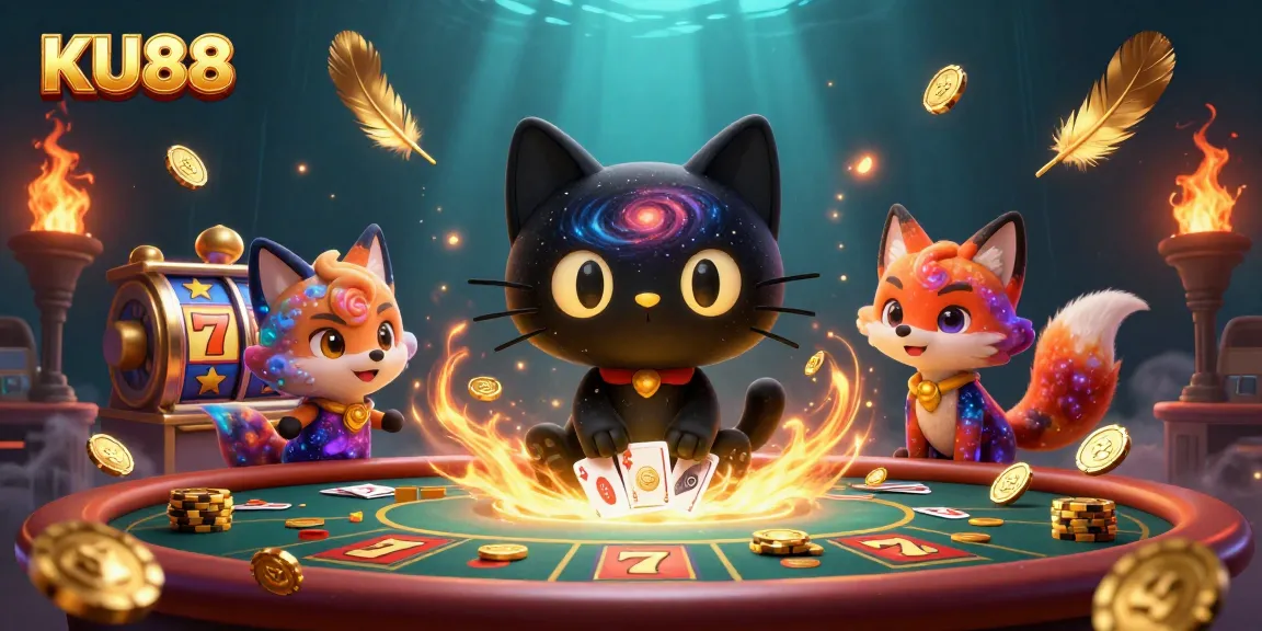 Engage with KU88 in this vibrant cosmic casino scene featuring a black hole cat and fox.