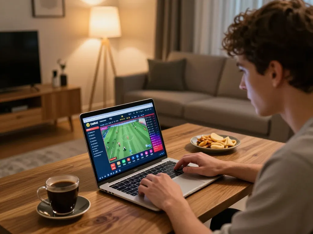 Cakhia tv sports betting scene showing a user engaged with live match stats and cozy atmosphere