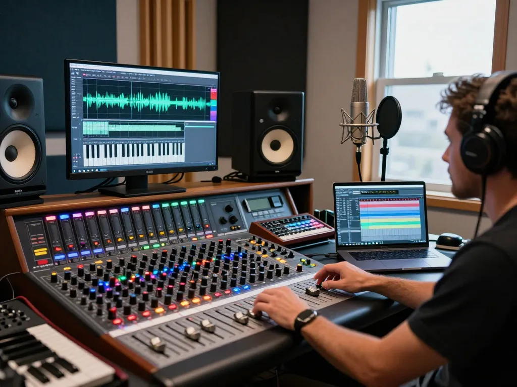 Music producer working with the SC88 sound module in a modern recording studio.