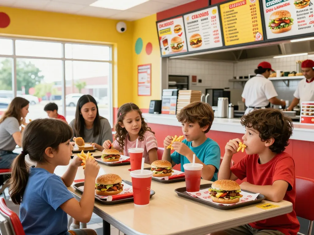 Family enjoying fast food meals with vibrant atmosphere highlighting fast food prices.
