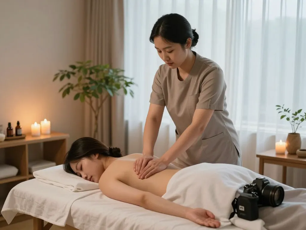 편안한 장식과 자연광이 어우러진 고요한 스파 환경에서의 마포스웨디시 마사지 세션