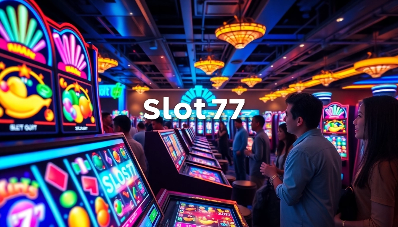 Permainan Slot77 yang menarik, menampilkan grafis cerah dan pemain yang bersemangat di kasino.