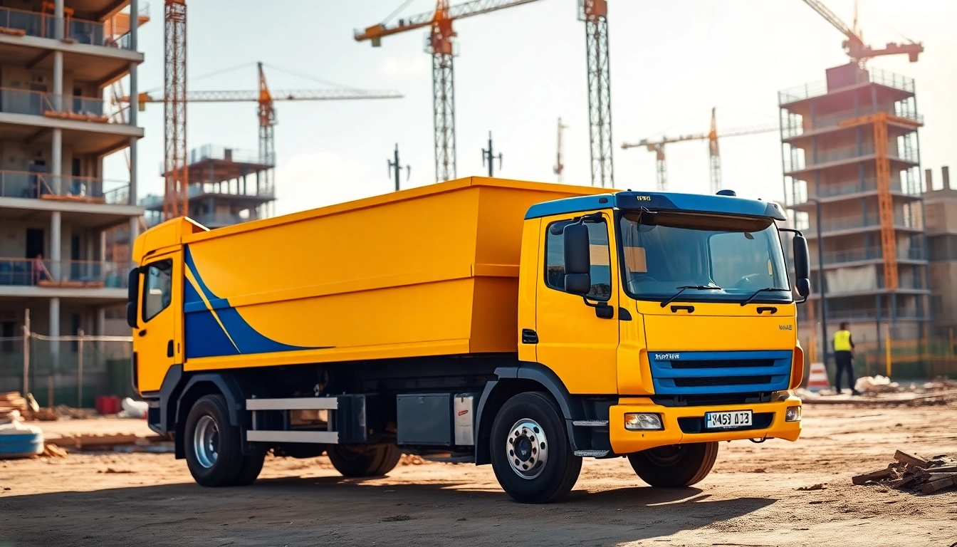 Efficient skip hire vehicle at a construction site, showcasing professional waste management solutions.