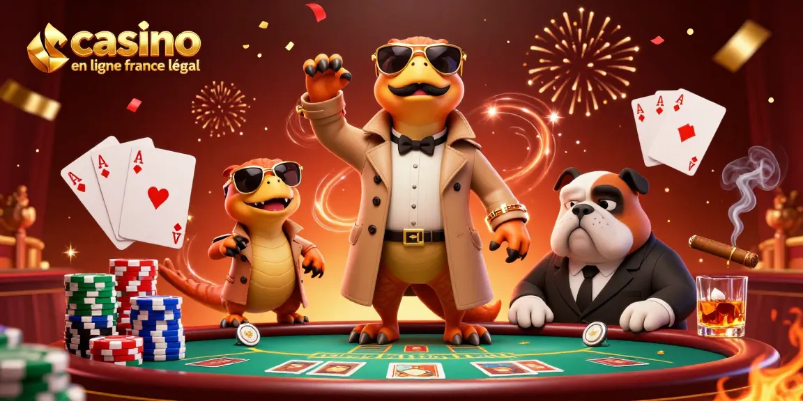 Illustration de raptors déguisés en entrant au casino légal en ligne en France, ambiance festive.